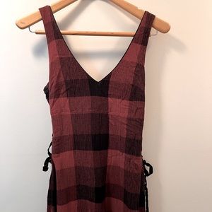 Anthropologie rust and black wide leg jumpsuit with velvet lace up detail